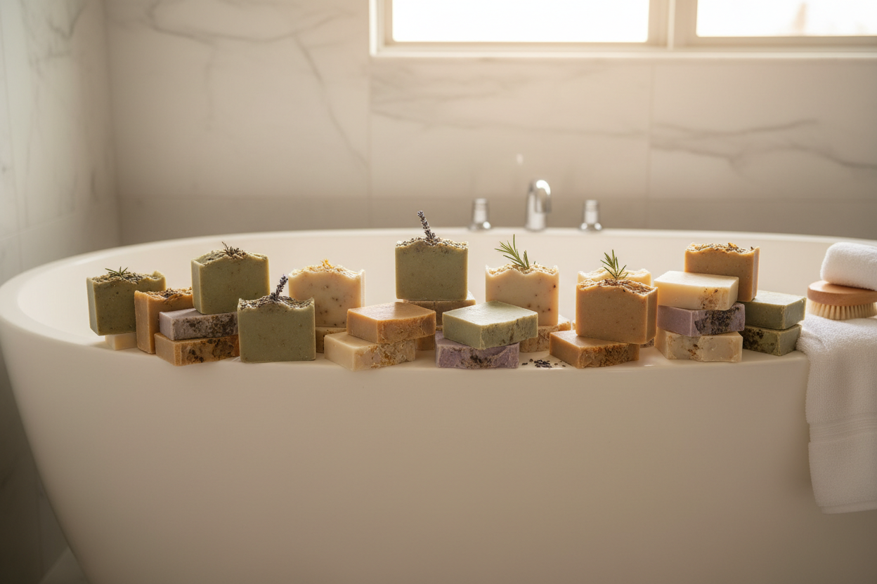 PICTURES OF NATURAL SOAPS ON A TUB